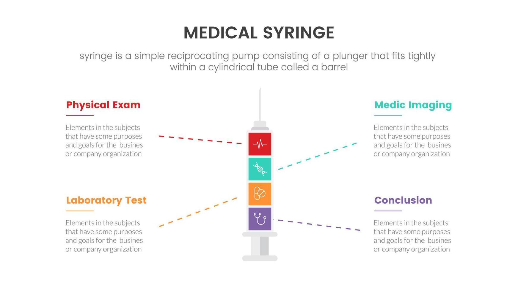 vertical and linked medical syringe infographic concept for slide presentation with 3 point list comparison vector