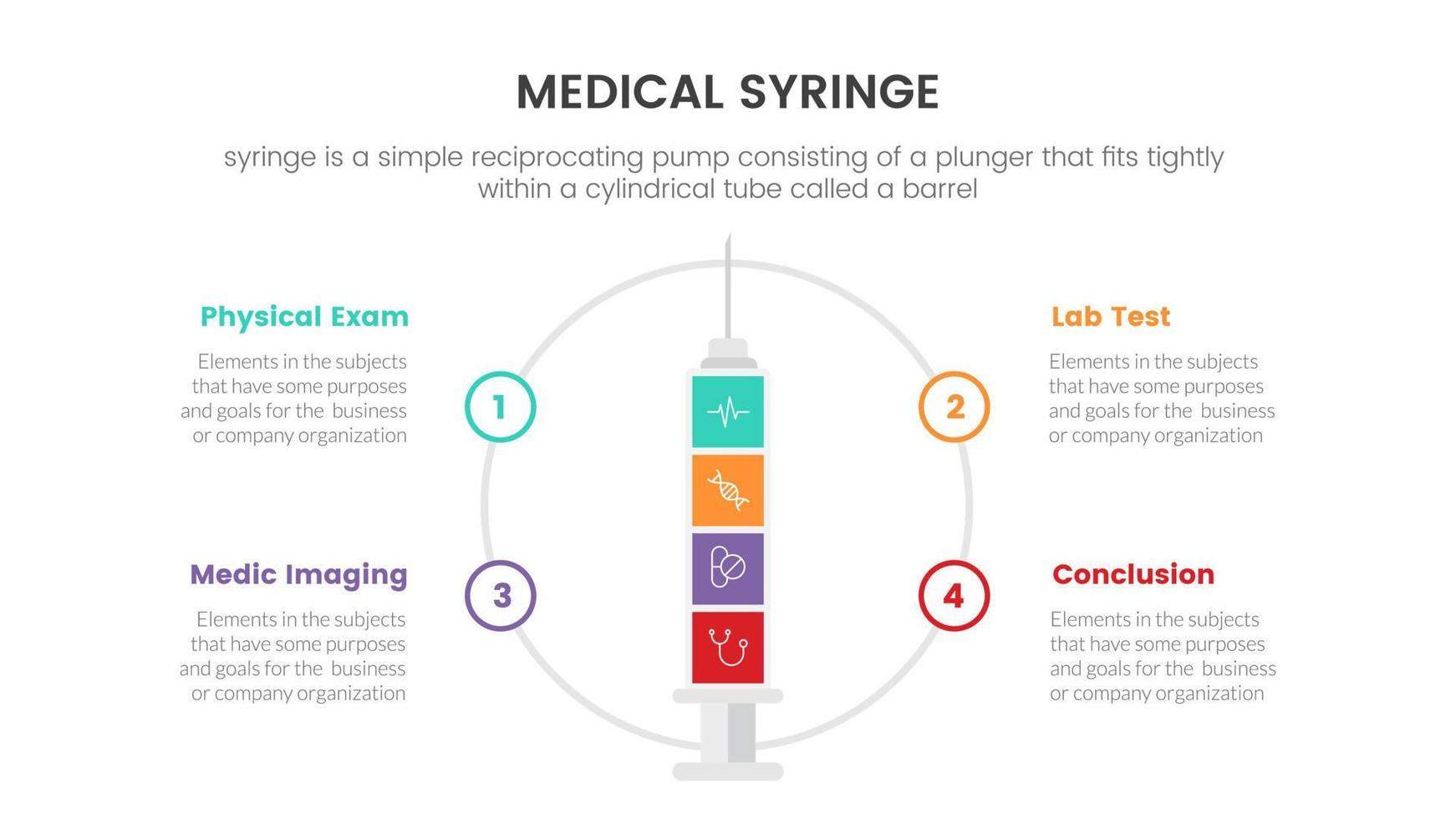 circle shape center medical syringe infographic concept for slide presentation with 3 point list comparison vector