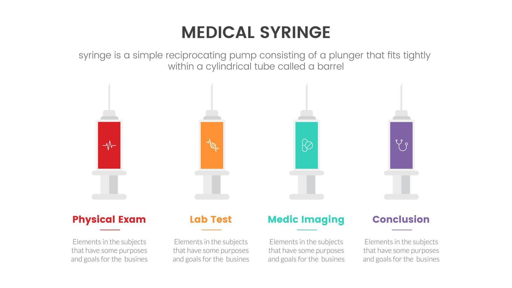 horizontal flow medical syringe infographic concept for slide presentation with 3 point list comparison vector