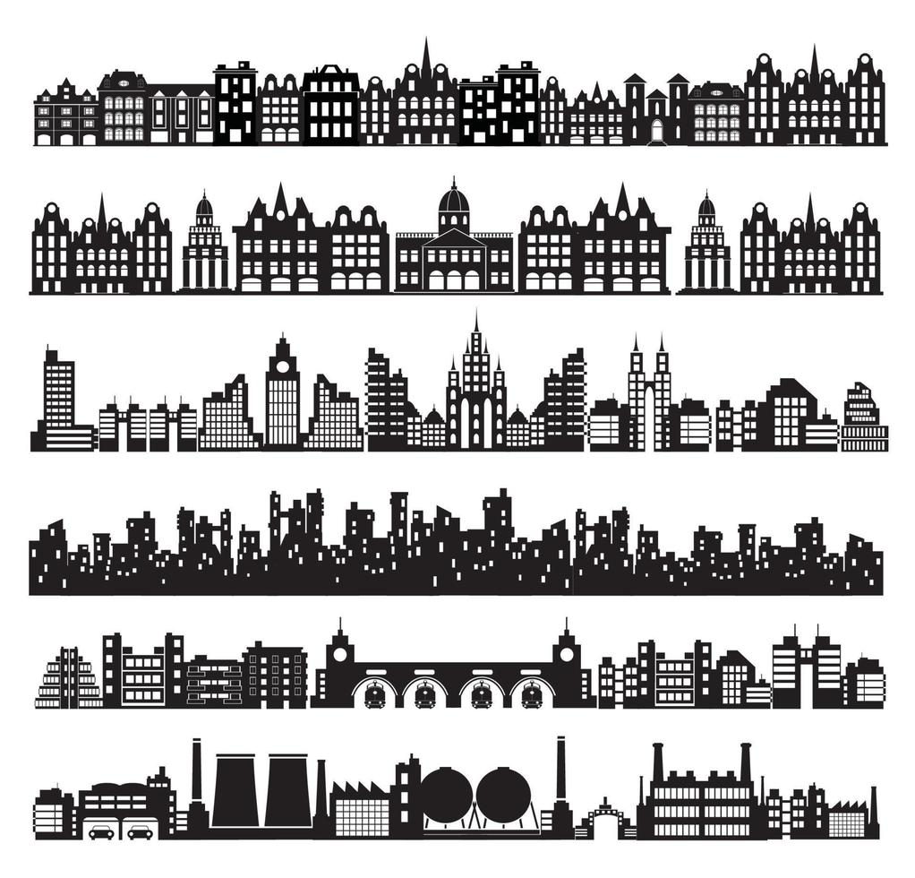 City set houses and buildings, a set of urban silhouettes of city houses and shops vector