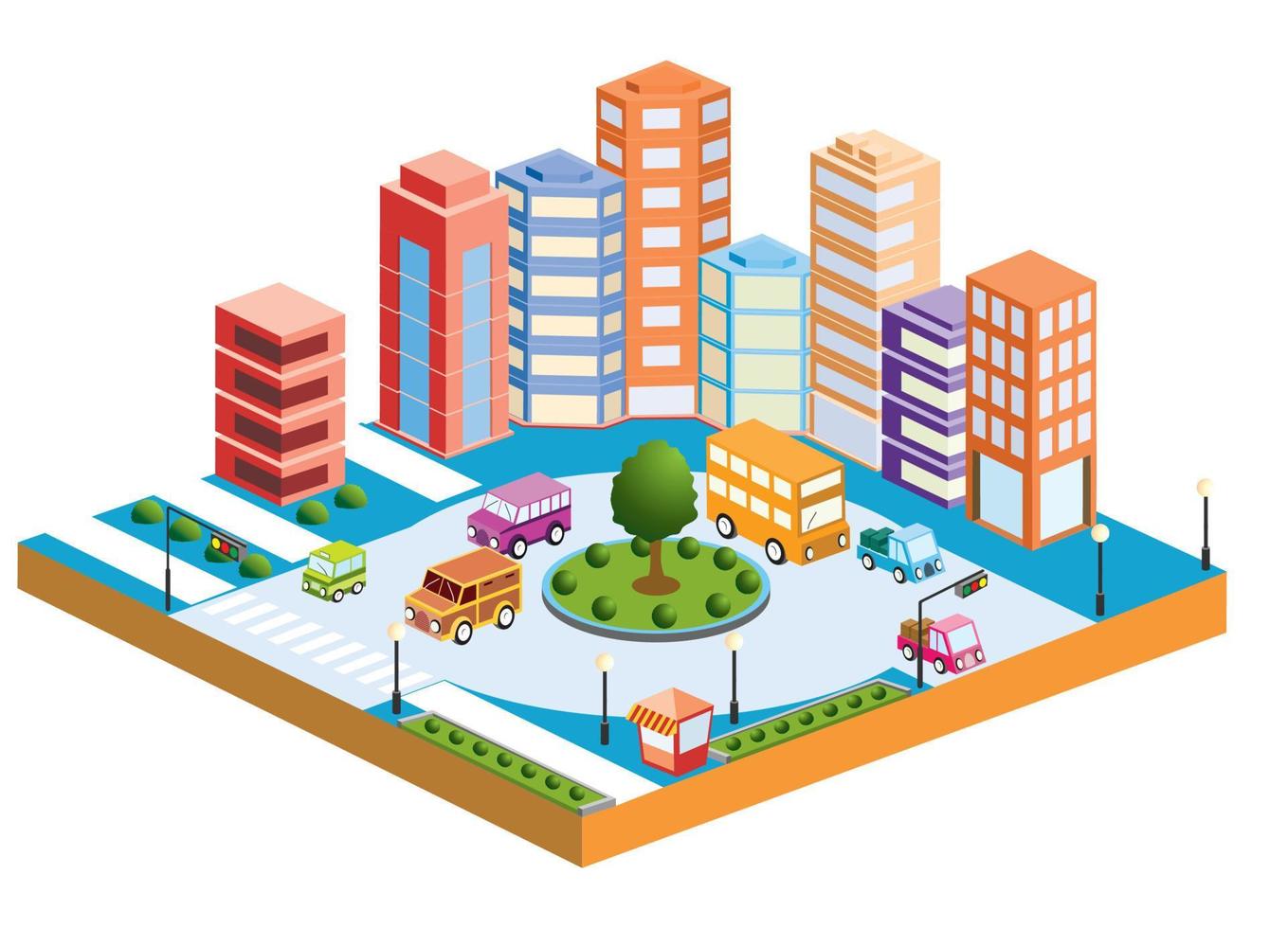 3D city with transport and buildings vector