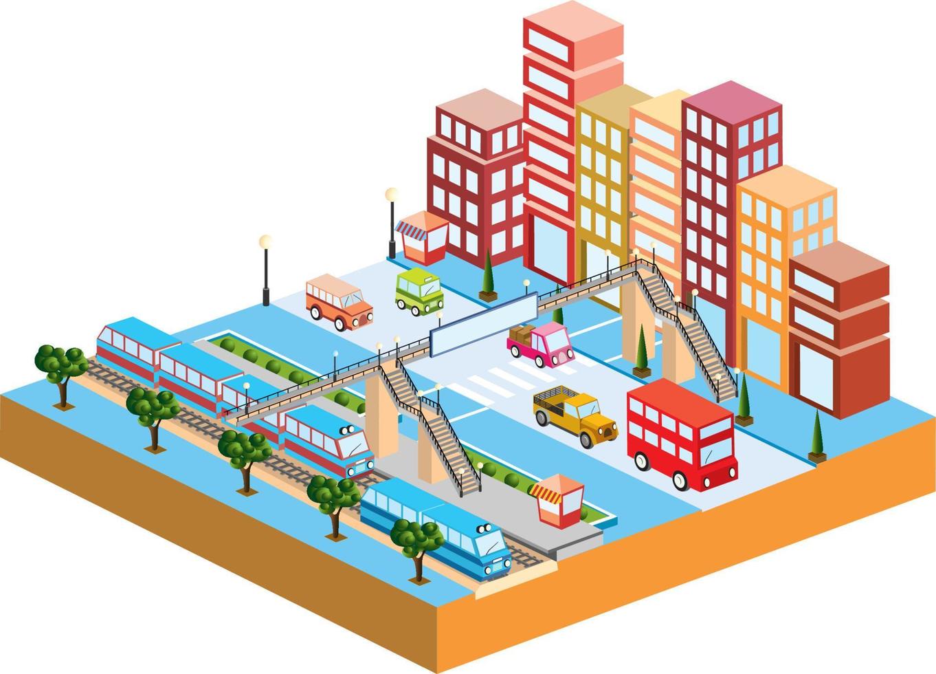 3D illustration city with transport and buildings vector