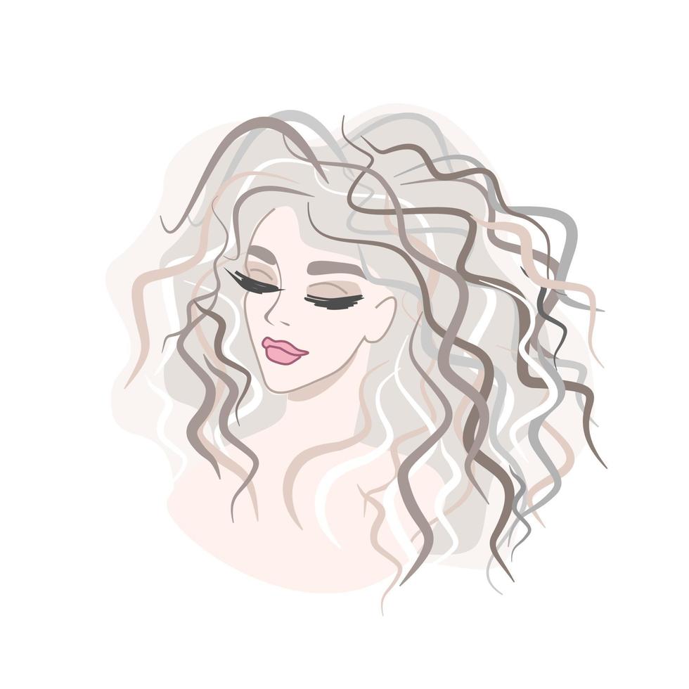 beauty salon logo. girl face logo. barbershop - curly hairstyle, hair care. cosmetology concept - face care, cosmetics. eyelashes and eyebrows vector