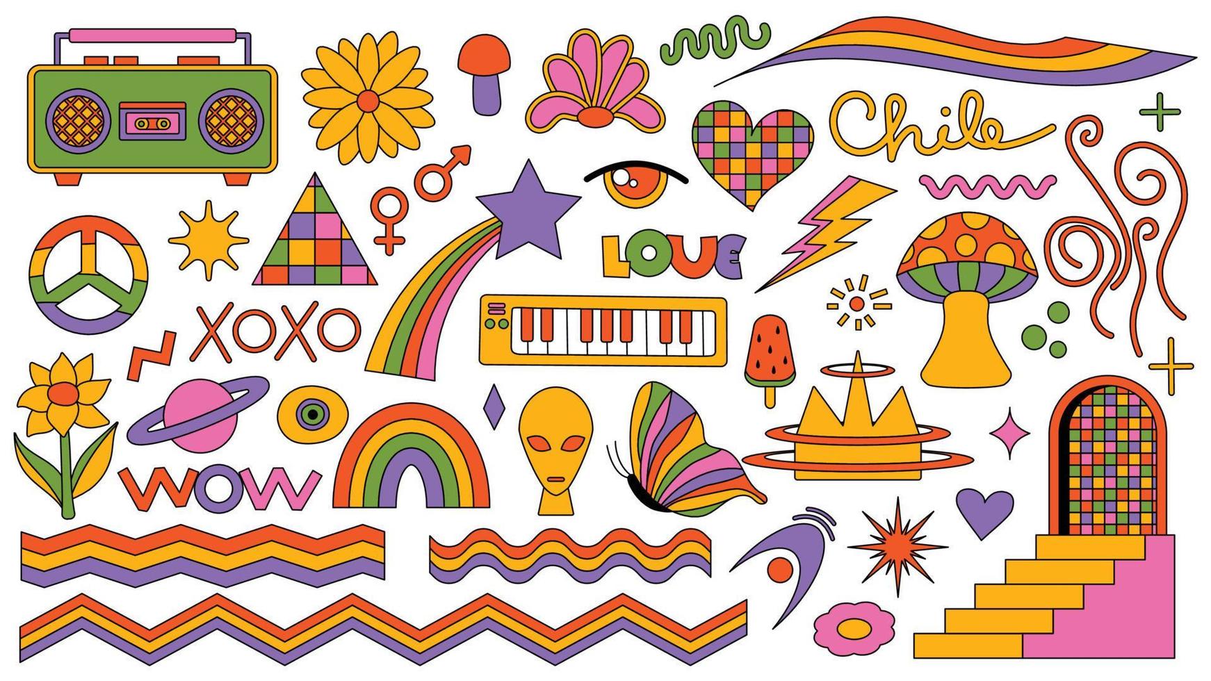 Set of hipster retro cool psychedelic elements. Collection stickers of groovy cliparts from the 70s 60s. Collage with trendy pop vibe with funky design element. Abstract background of cartoon sticker vector