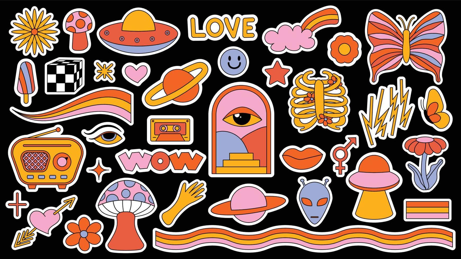 conjunto de elementos psicodélicos hipster retro cool. colección de stickers de imágenes geniales de los años 70 y 60. collage con un ambiente pop moderno con un elemento de diseño funky. Fondo abstracto de pegatina de dibujos animados vector