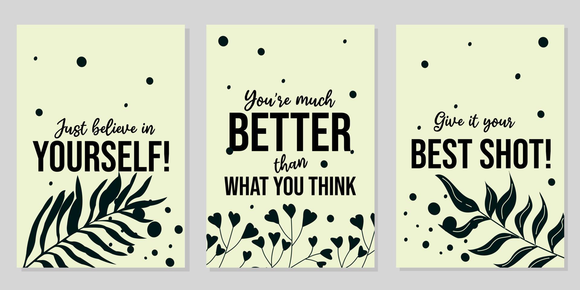 set of quote templates for wall decoration. white background with leaf silhouette elements vector