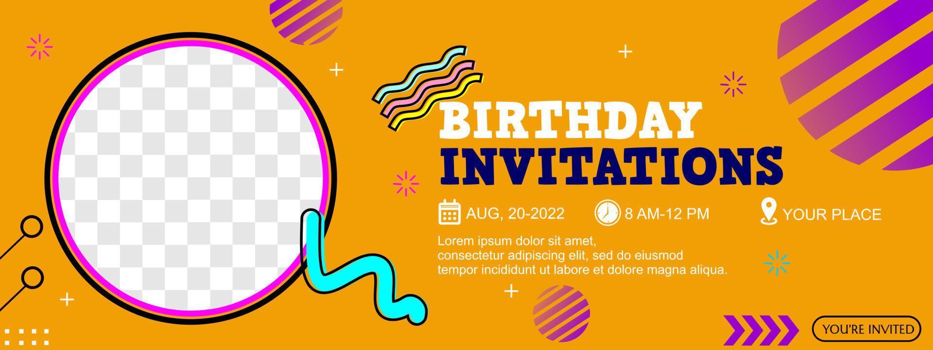 banner de invitación de fiesta de cumpleaños naranja. Diseño estilo memphis y temática alegre. banner de redes sociales vector