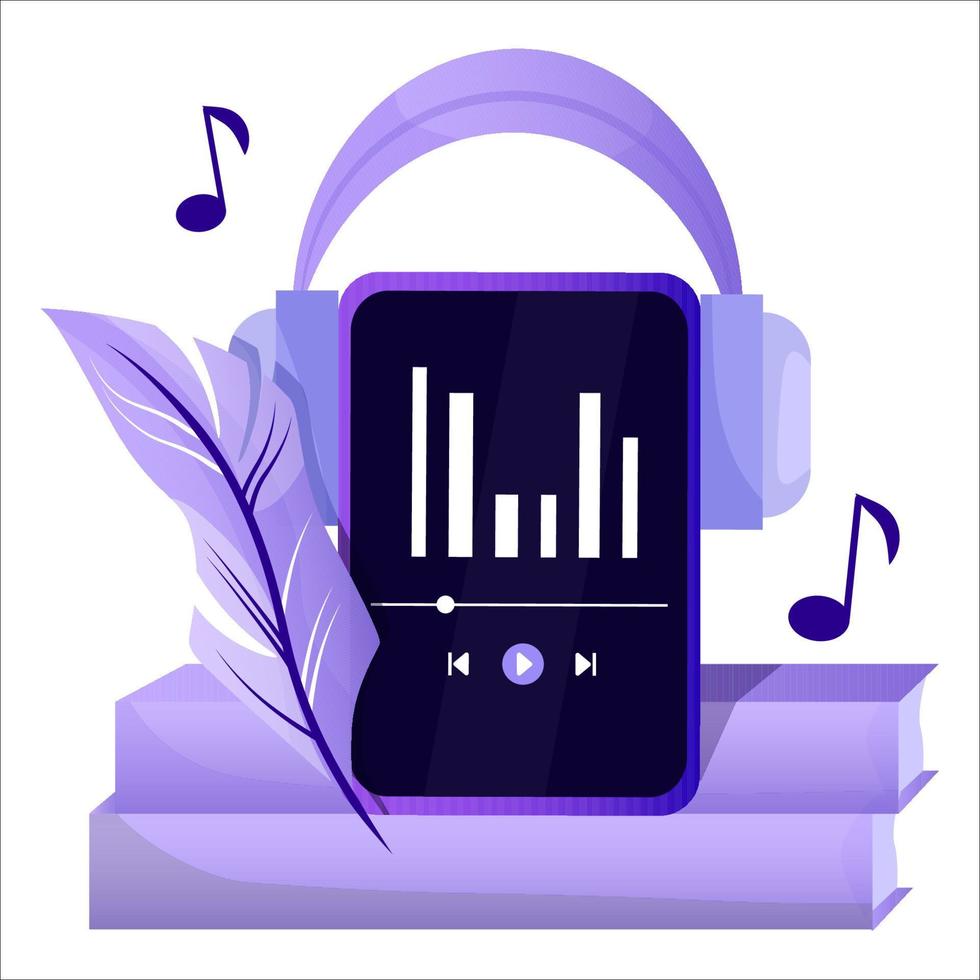 Purple tablet with books and bird feather vector