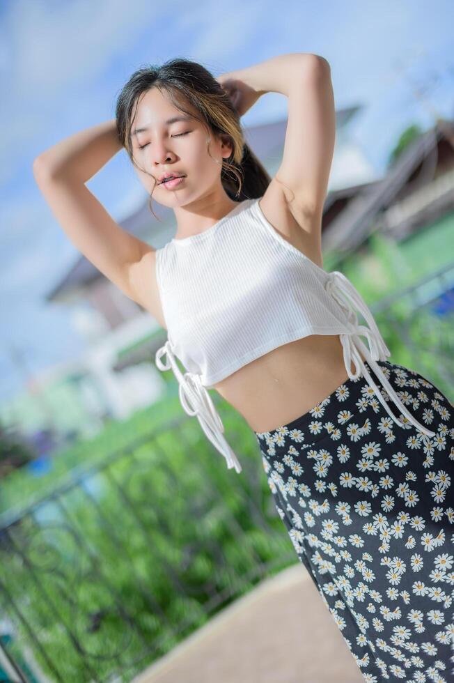 PORTRAIT Pretty woman in a restaurant, cafe with feeling happy photo