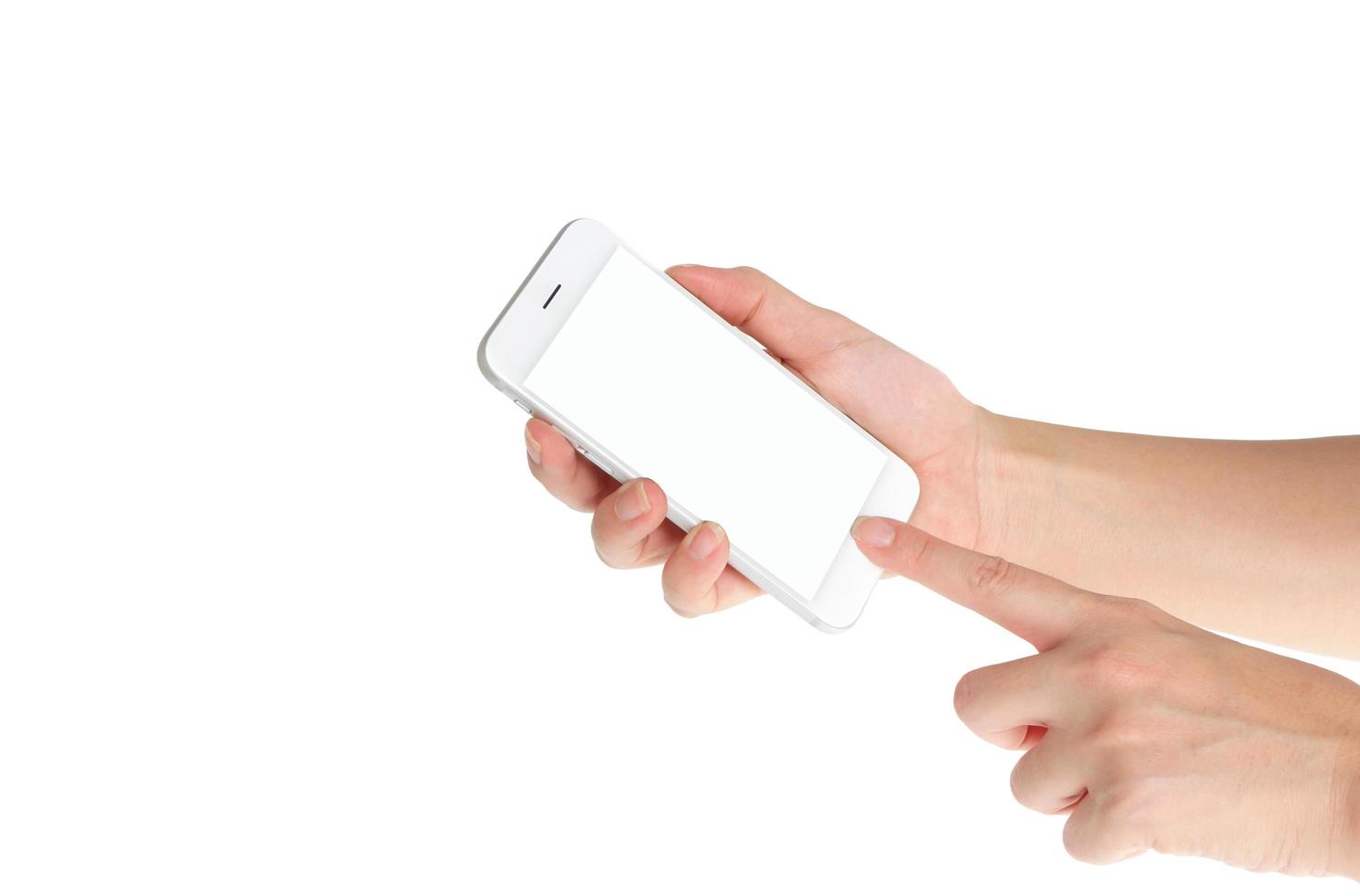 Mujer mano sosteniendo teléfono móvil aislado sobre fondo blanco. foto