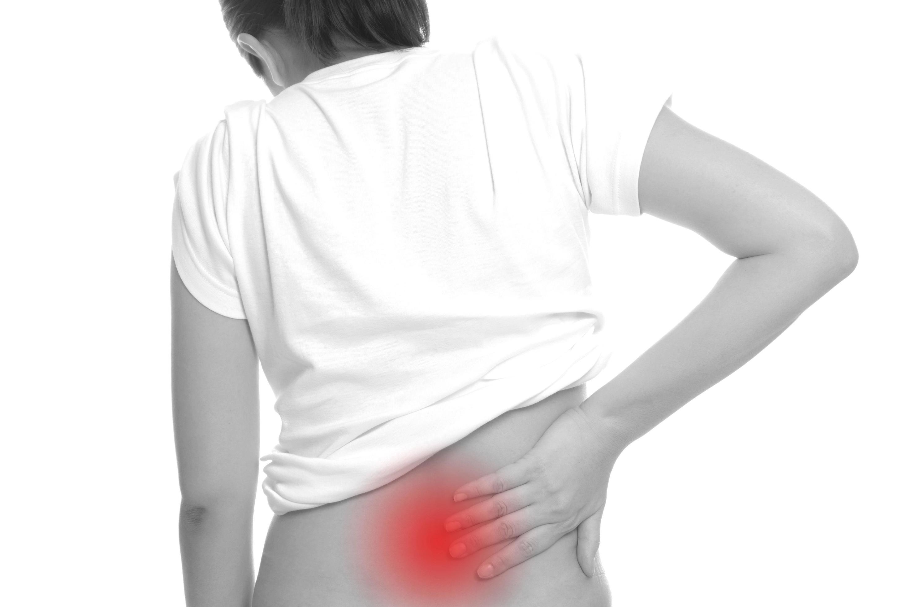 woman hand holding back pain or injury with red alert accent black and