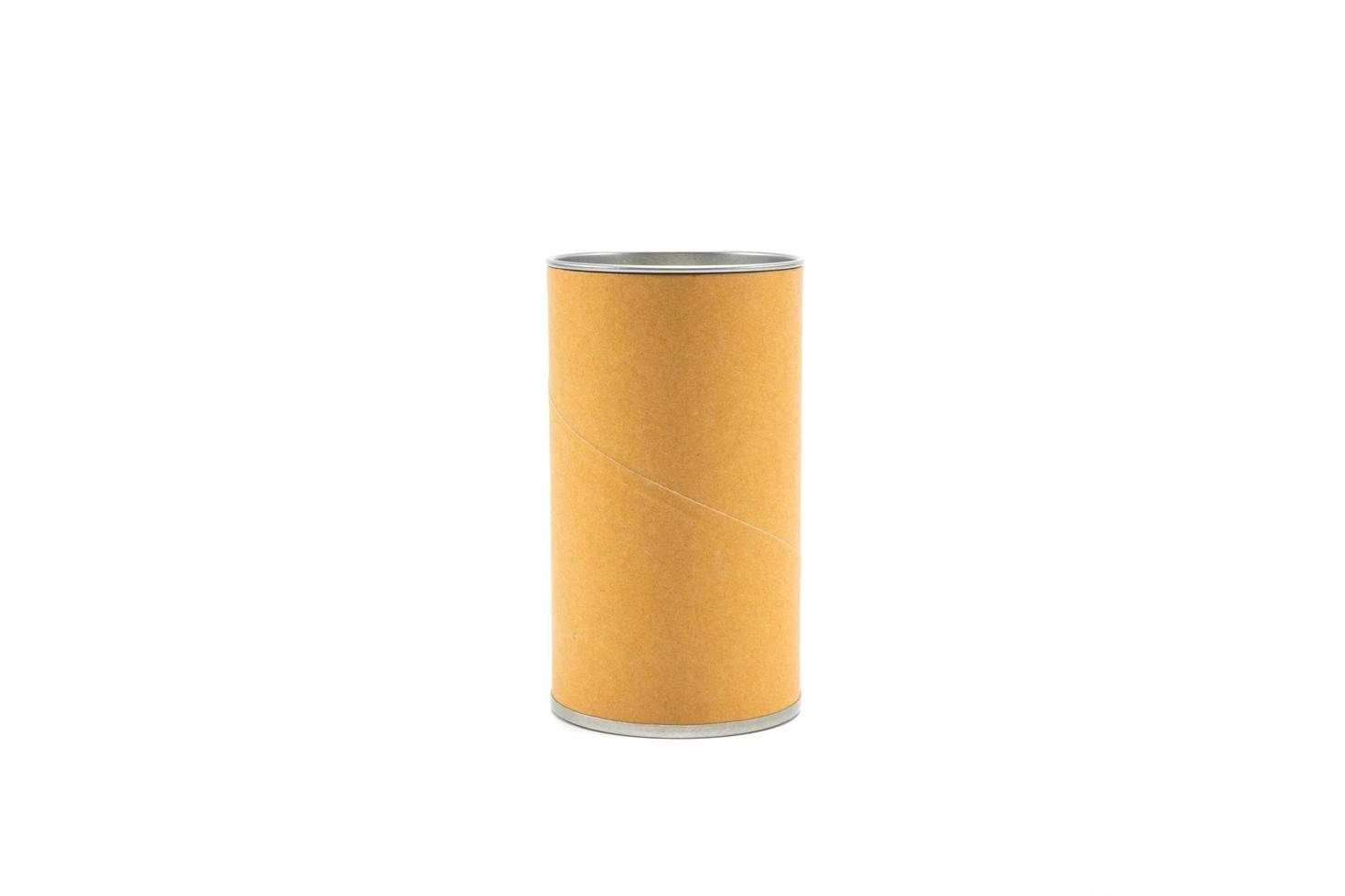 Canned packaging with Blank Kraft paper on white background photo
