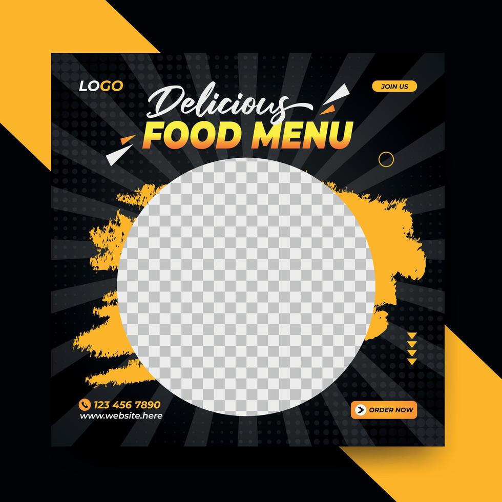 menú de comida de restaurante delicioso moderno plantilla de vector de diseño de publicación de redes sociales de color negro y amarillo para marketing