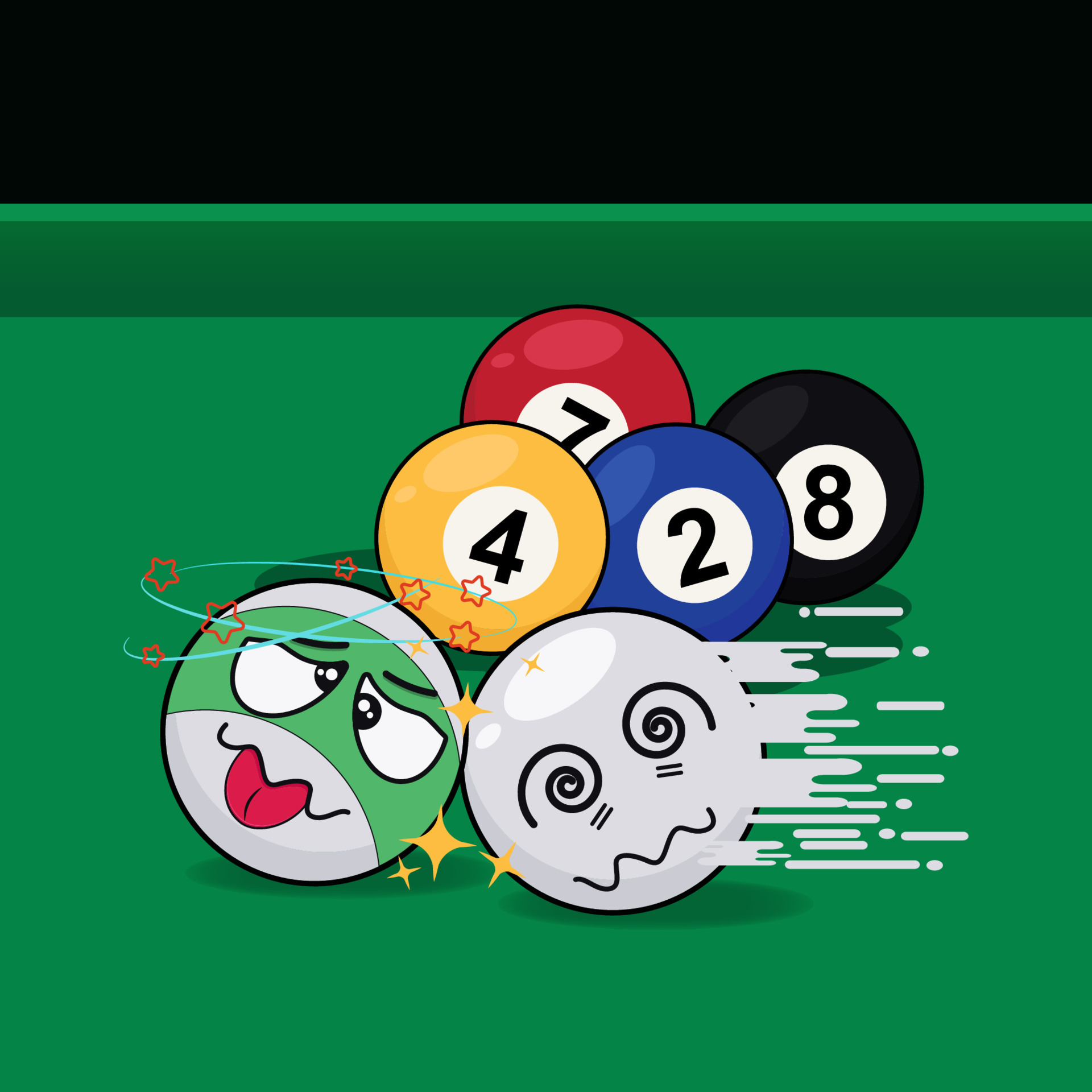 Billiard balls collide character cartoon vector illustration. Suitable