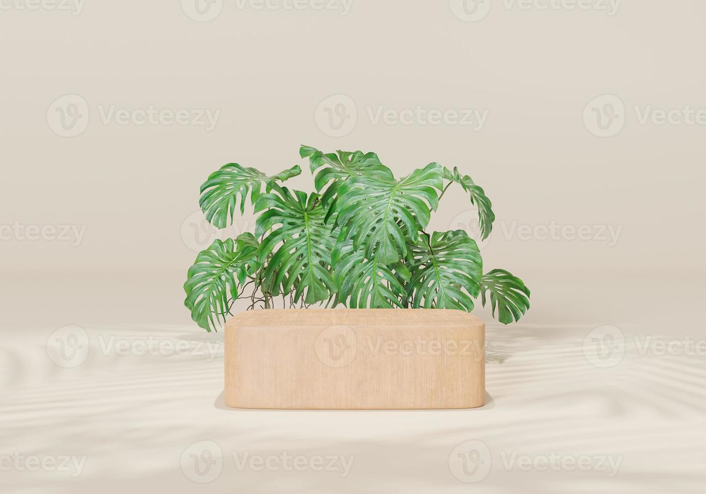 3d rendering Minimal modern product display on neutral background. podium and green leaves. Concept scene stage showcase for new product, promotion sale, banner, presentation, cosmetic photo