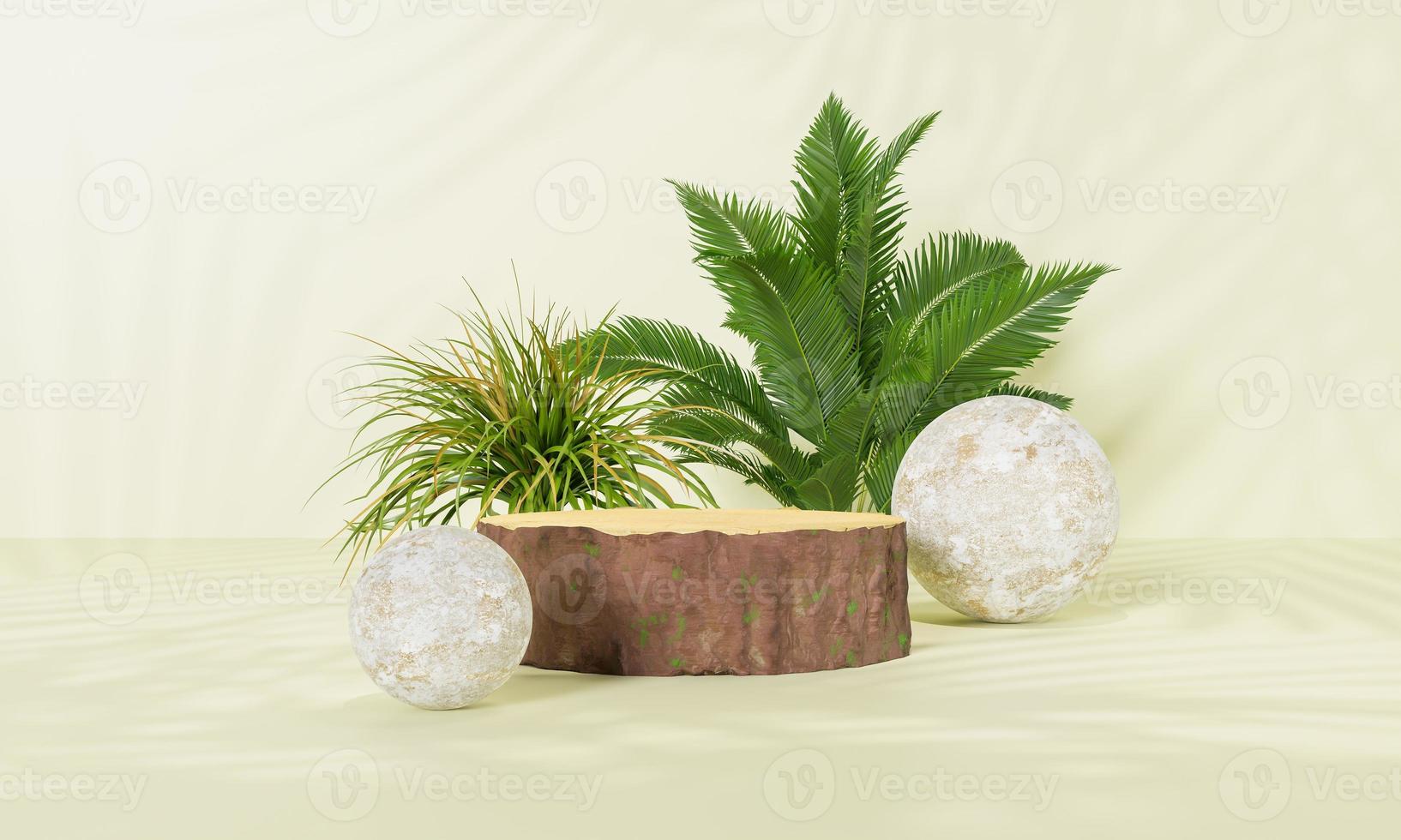 3d rendering Minimal modern product display on neutral background. podium and green leaves. Concept scene stage showcase for new product, promotion sale, banner, presentation, cosmetic photo