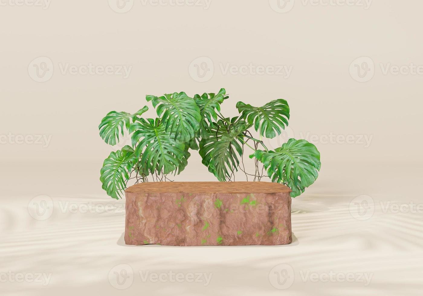 3d rendering Minimal modern product display on neutral background. podium and green leaves. Concept scene stage showcase for new product, promotion sale, banner, presentation, cosmetic photo