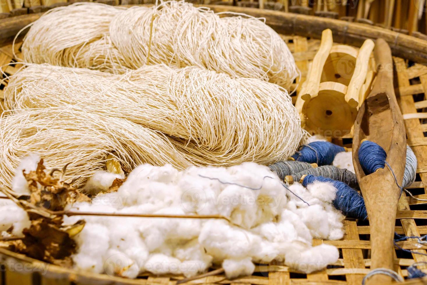 Group of yarn and shutter weaving with spinning yarn in the bamboo basket. photo