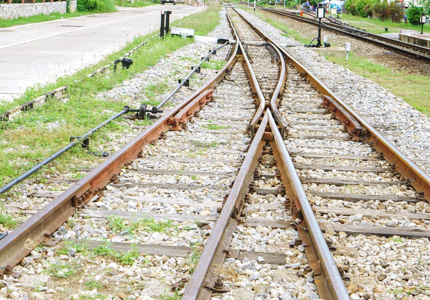 Close up of Metal and Stoneware railroad with a bifurcation crossing. photo