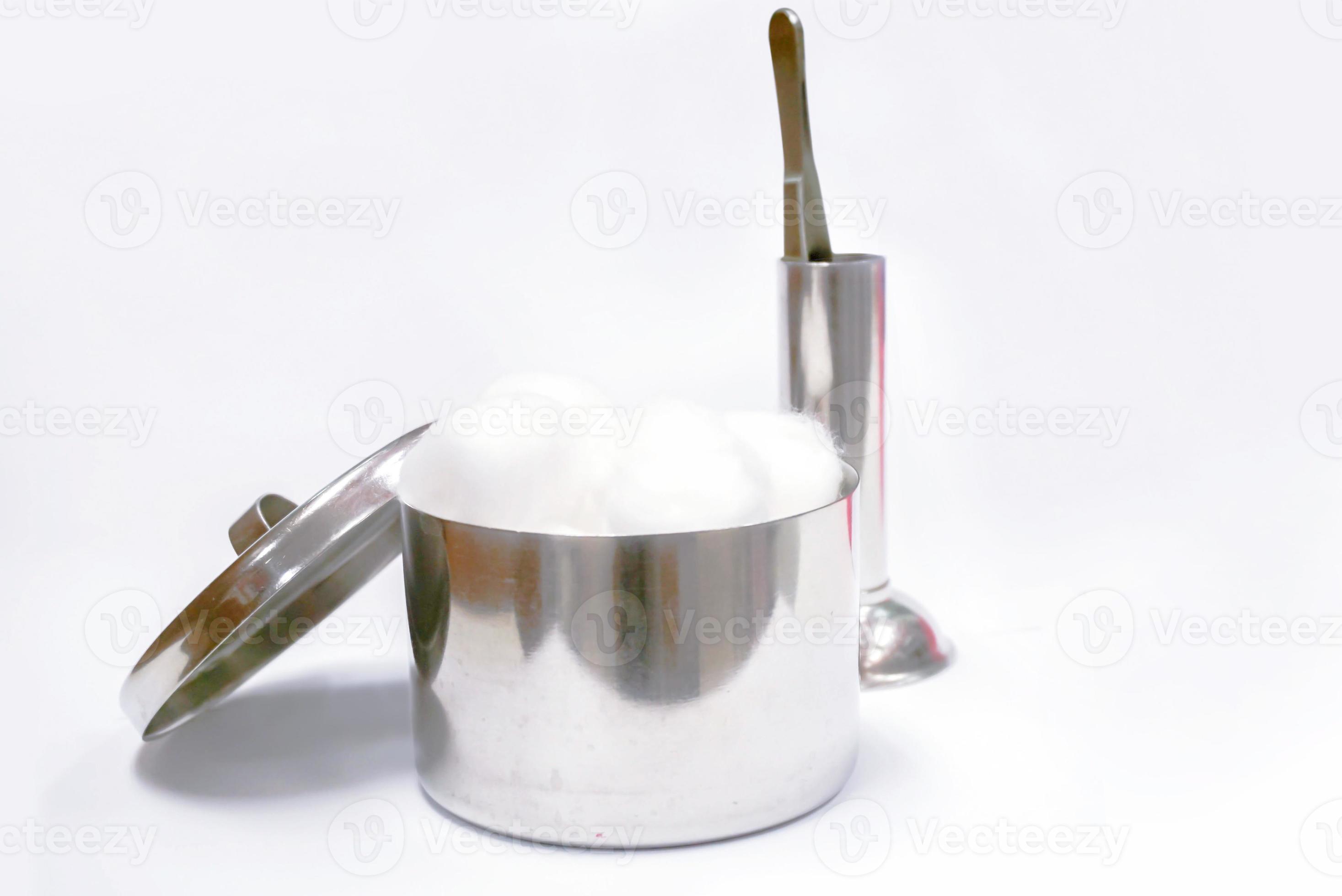 Medical stainless steel cotton wool container and surgical forceps in