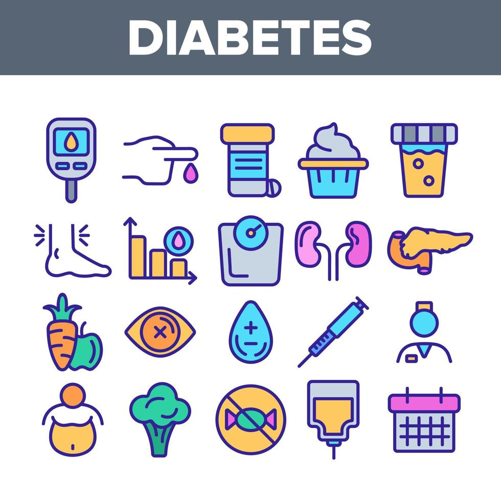 Diabetes, Disease Diagnostics Linear Vector Icons Set