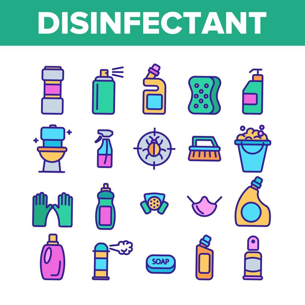 conjunto de iconos de línea de color de vector de sustancia antibacteriana y desinfectante