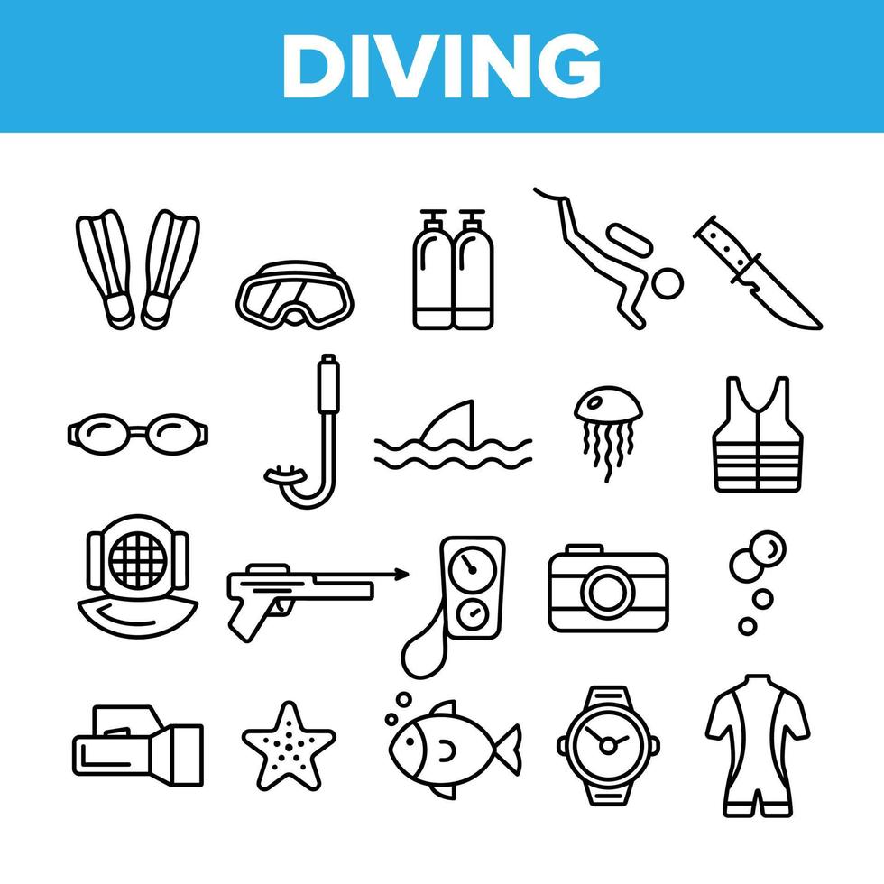 Scuba Diving Equipment Vector Linear Icons Set