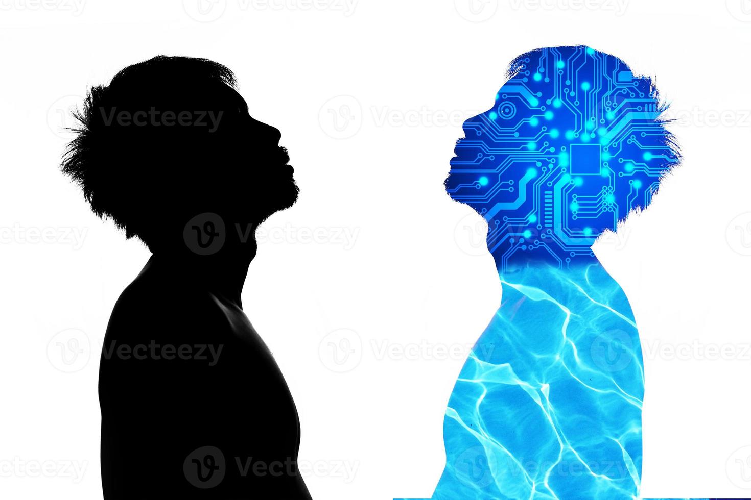 virtual world concept and Metaverse. The shadow person on the left is the person in the real world. The shadows on the right are people in the virtual world. photo