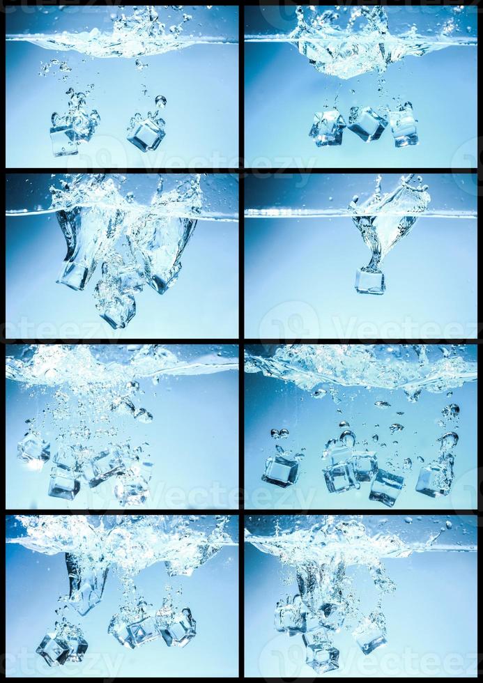 colección de cubitos de hielo caídos en agua potable, refrescante. foto