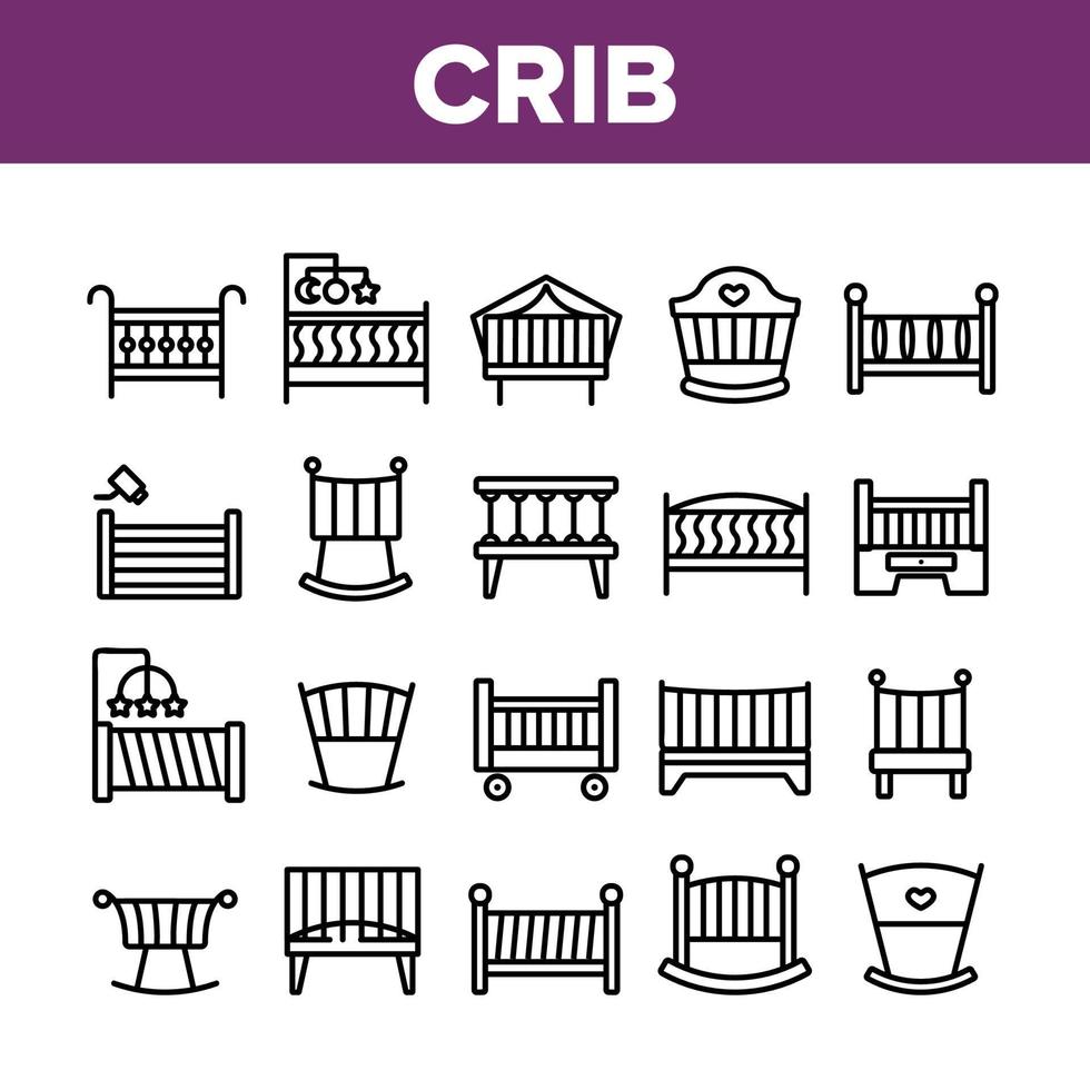 Crib Baby Infant Bed Collection Icons Set Vector