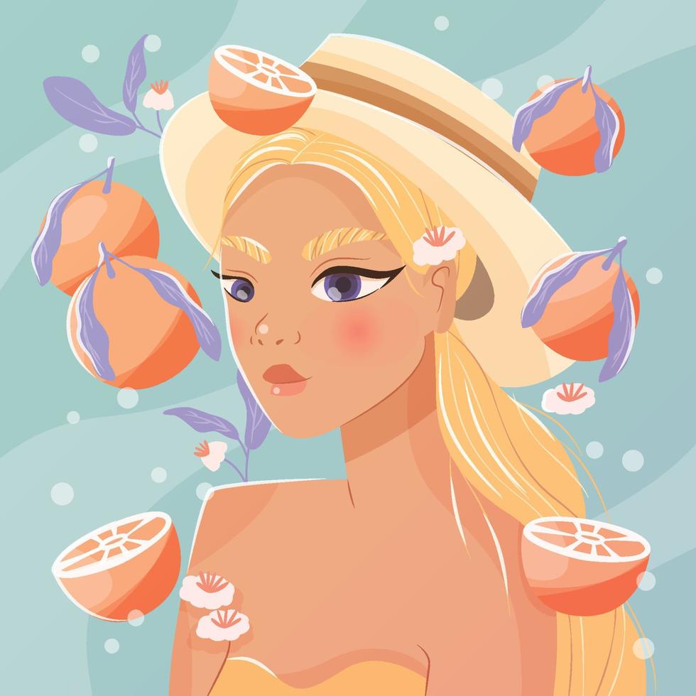 Young woman with long blond hair, hat and summer dress. Confident girl surrounded with oranges on light blue background. Colorful vector illustration.