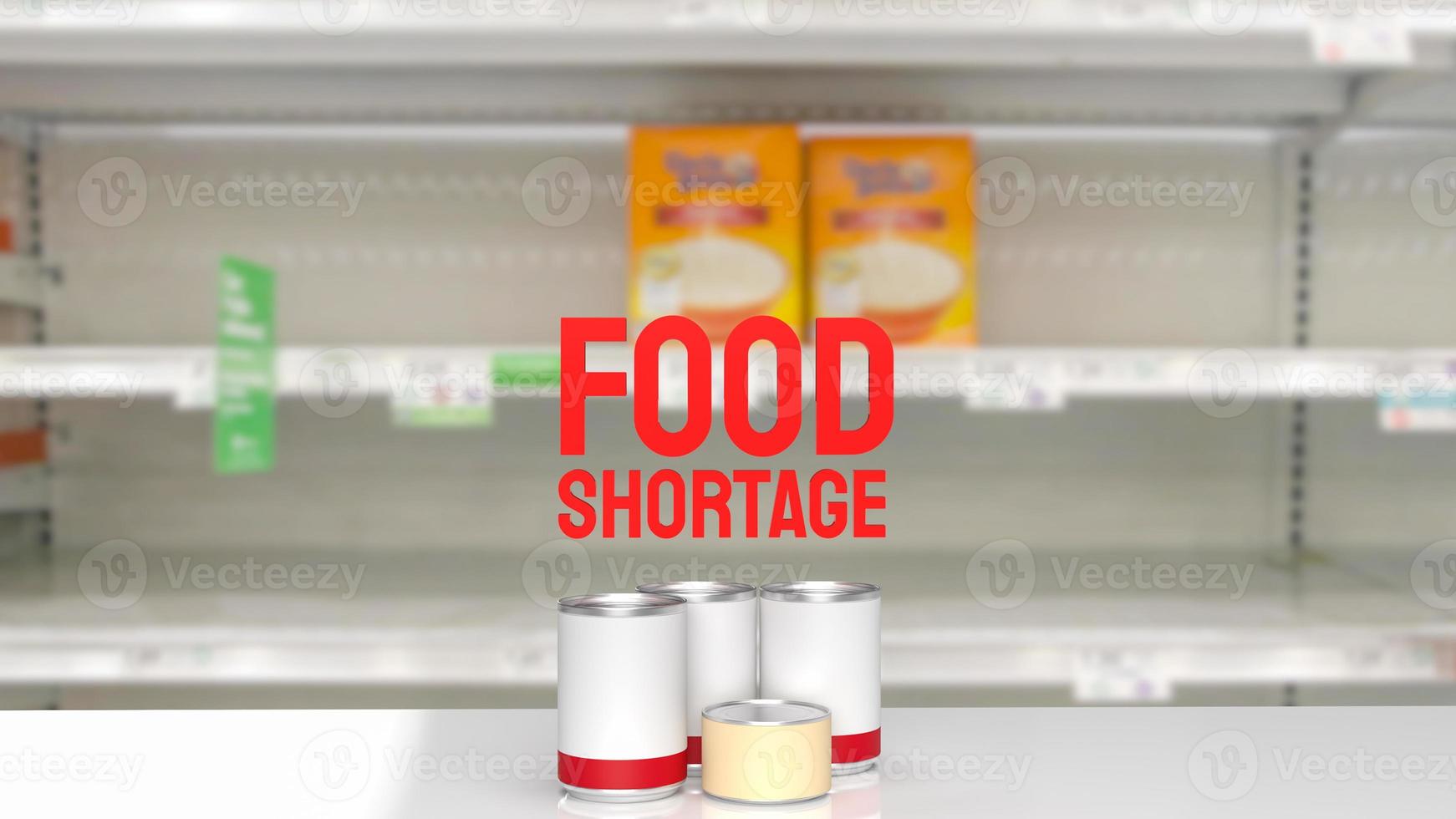 el texto rojo de la escasez de alimentos en la representación 3d de la imagen del estante vacío foto