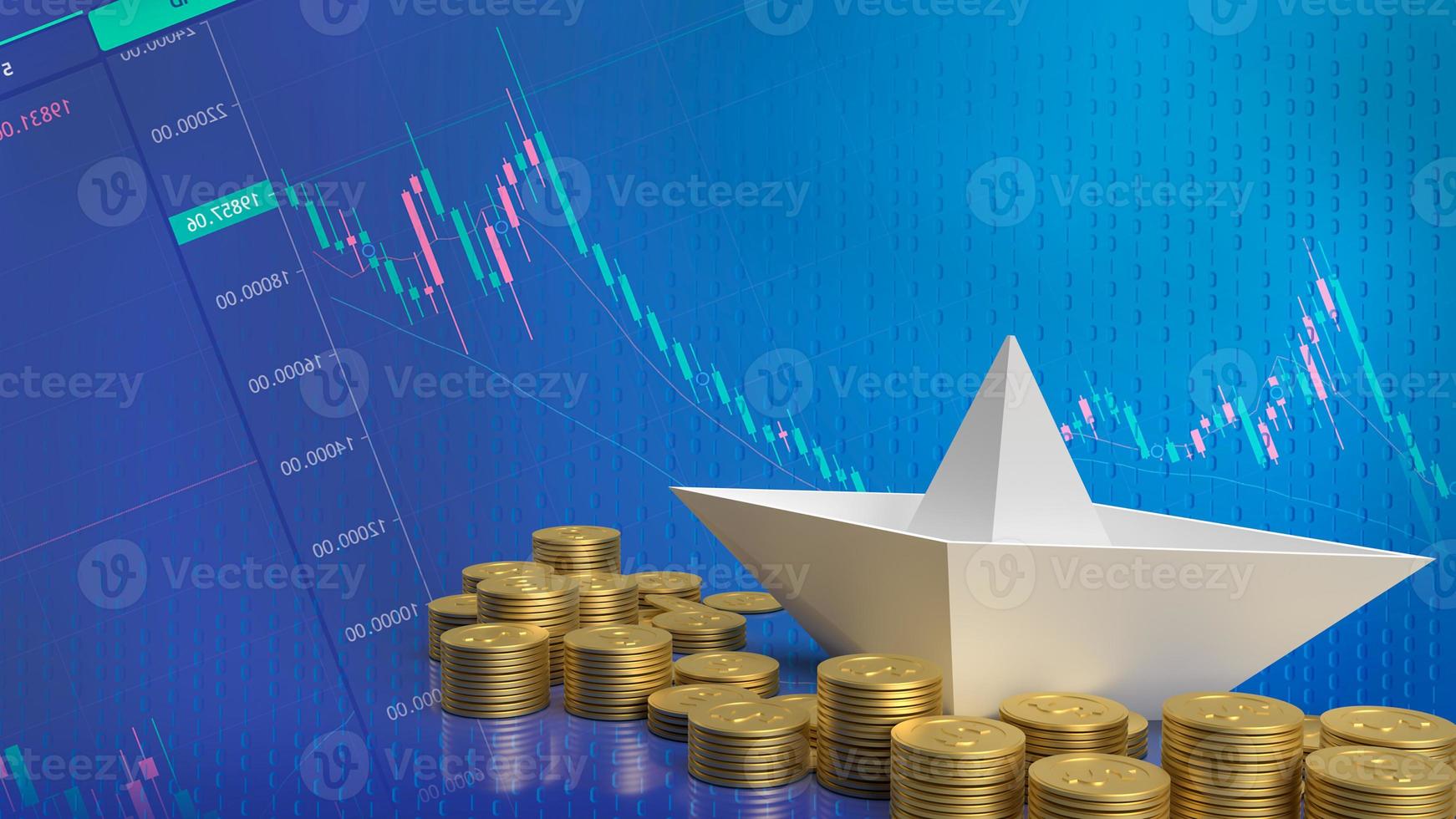The white paper boat and gold coins for business concept 3d rendering photo