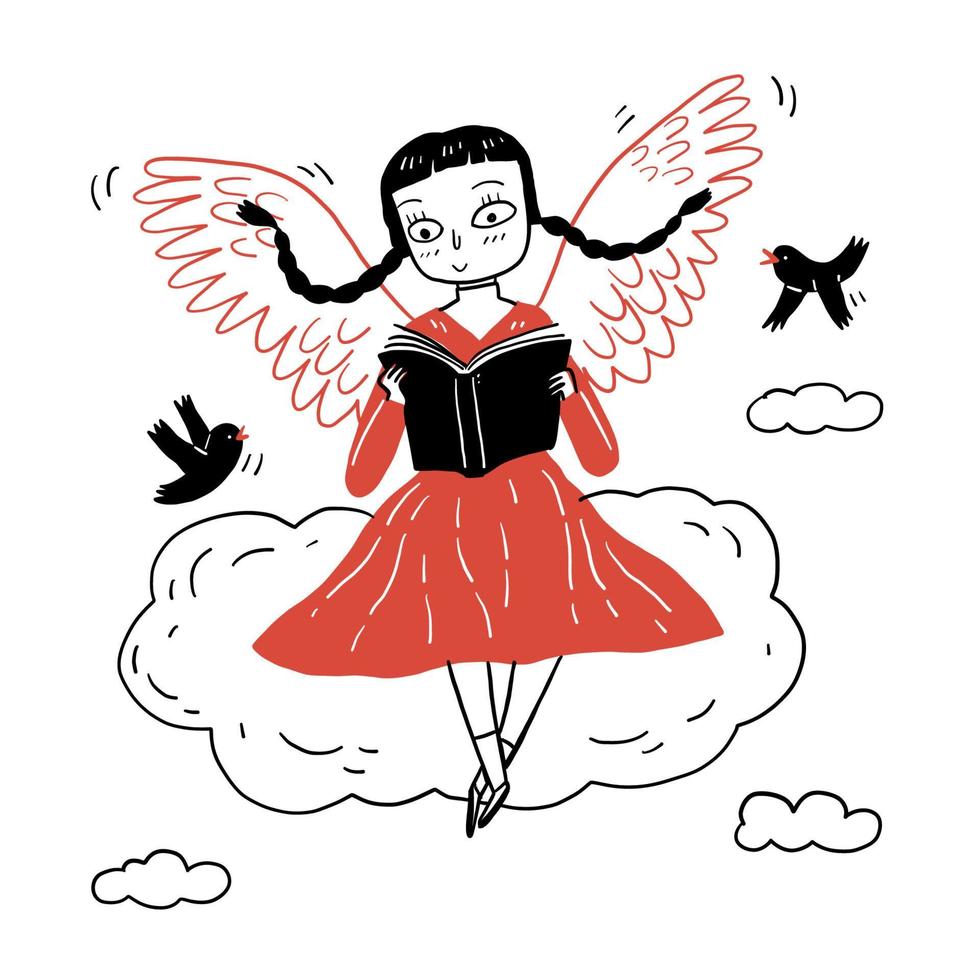 The  little girl sitting on the cloud reading a book vector