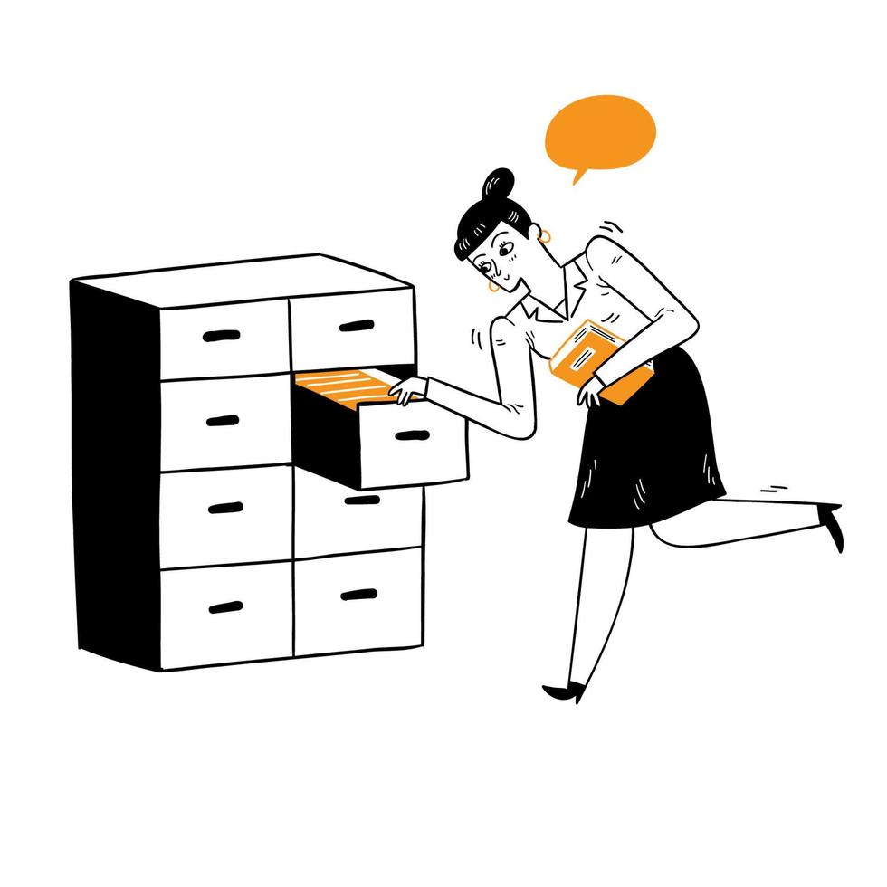 Portrait of employees or an office business woman flicking through her clients files in an open filing cabinet vector