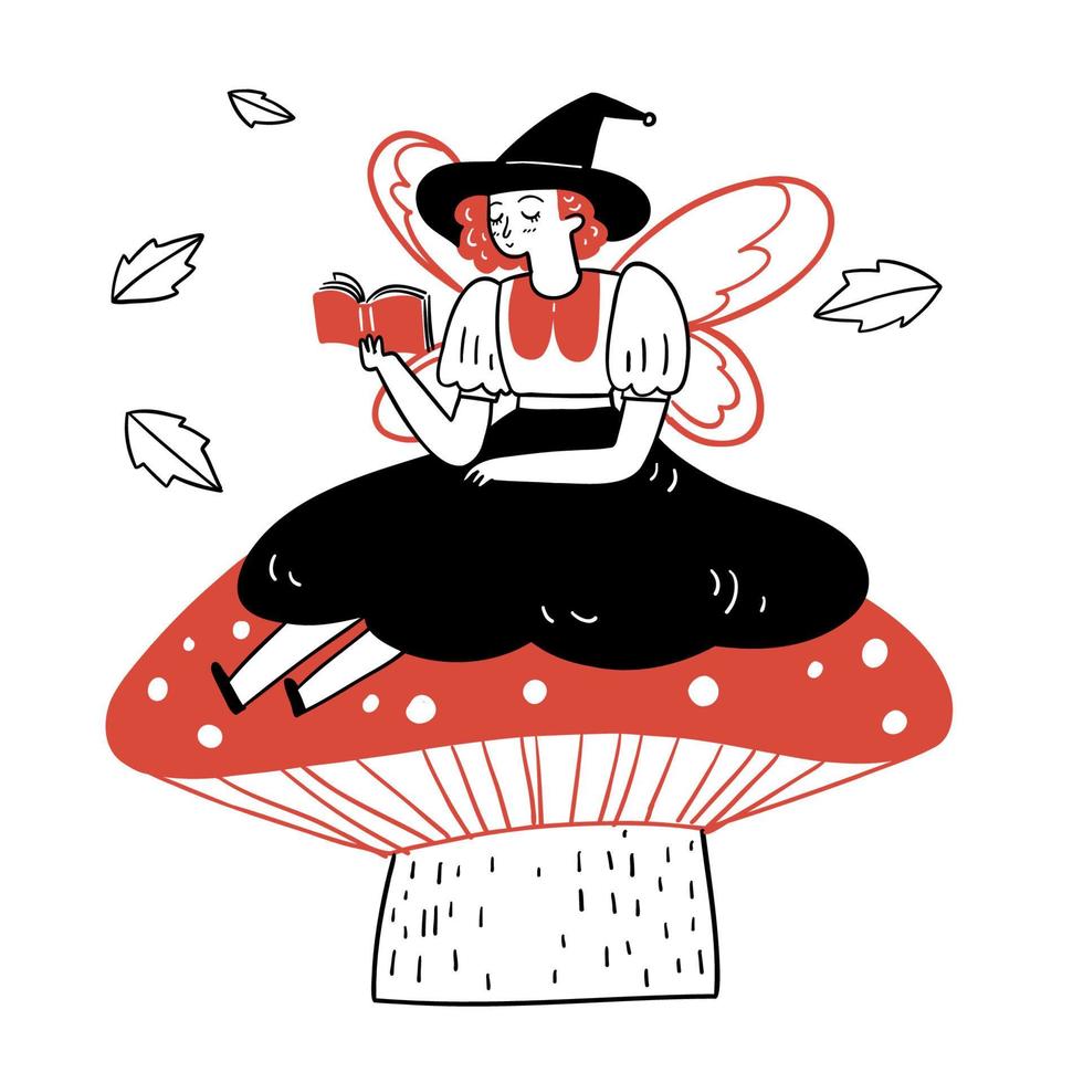 The young woman in a fancy dress sits and reads a book on a large mushroom vector