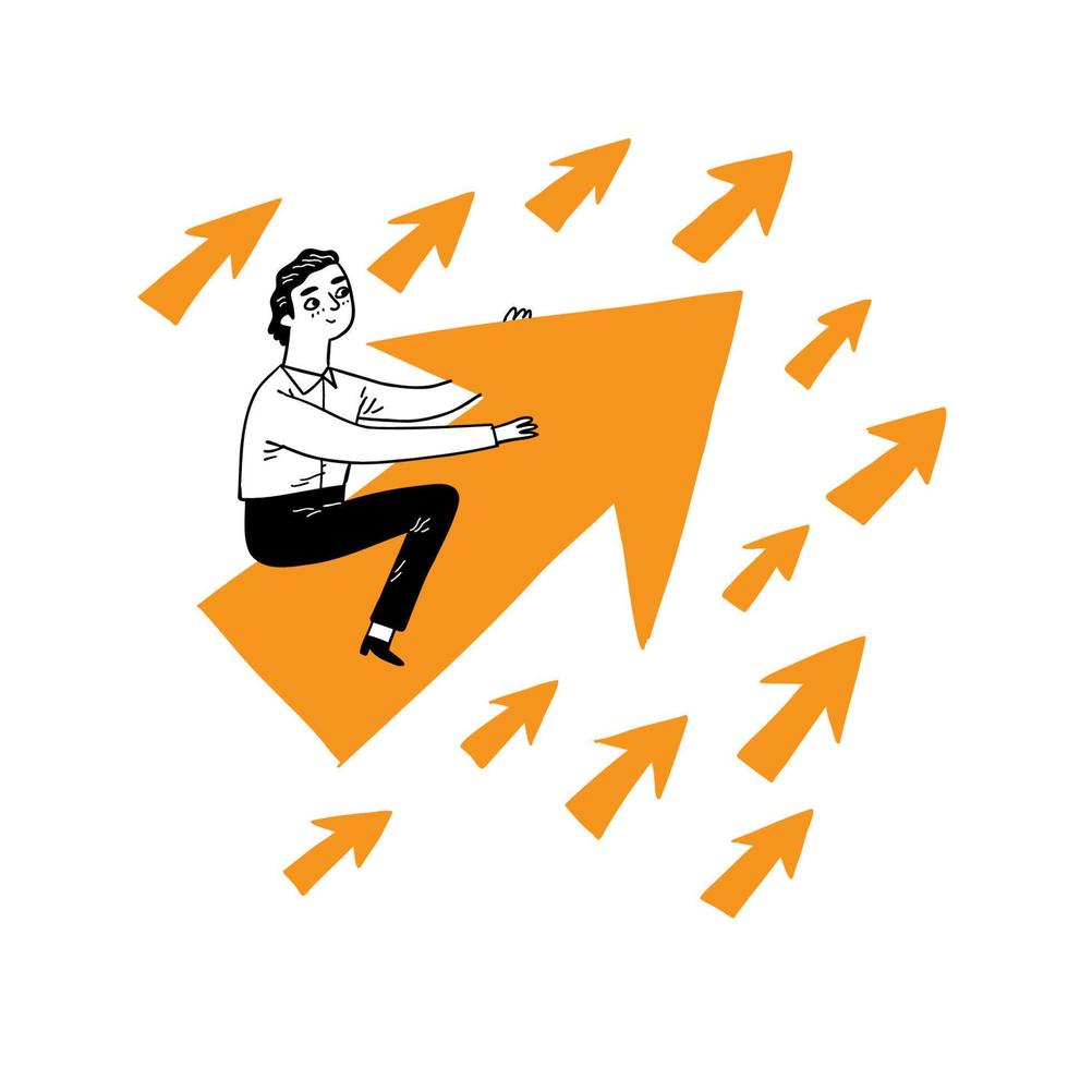 Young businessman riding arrow going up. vector