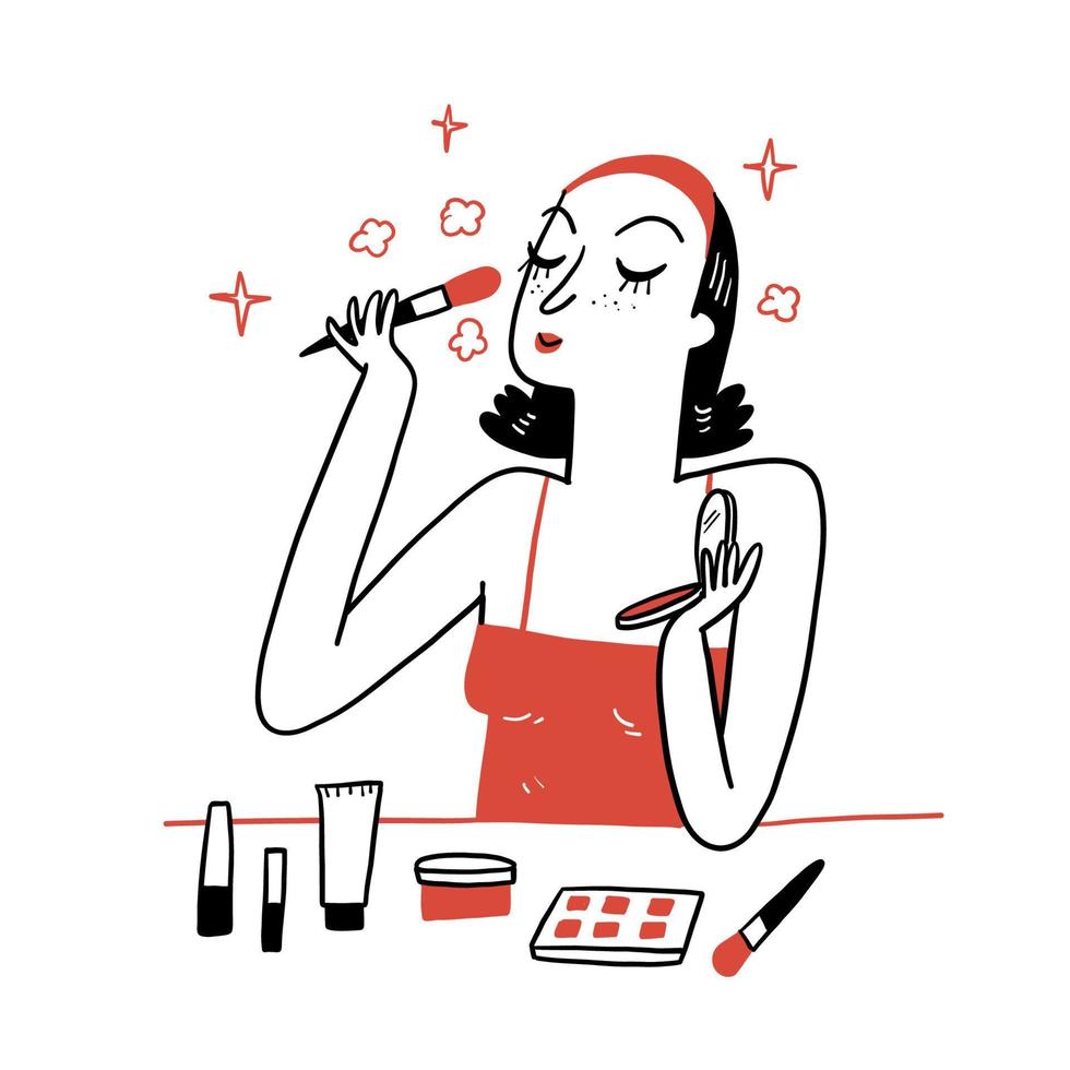 The beautiful girls applying makeup with a border of assorted cosmetics and toiletries vector