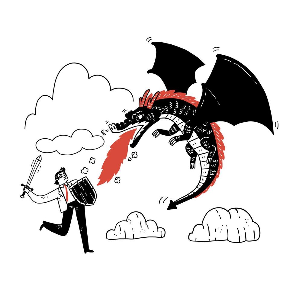 Business concept illustration of a businessman fighting a dragon. Risk, courage, leadership in business concept vector