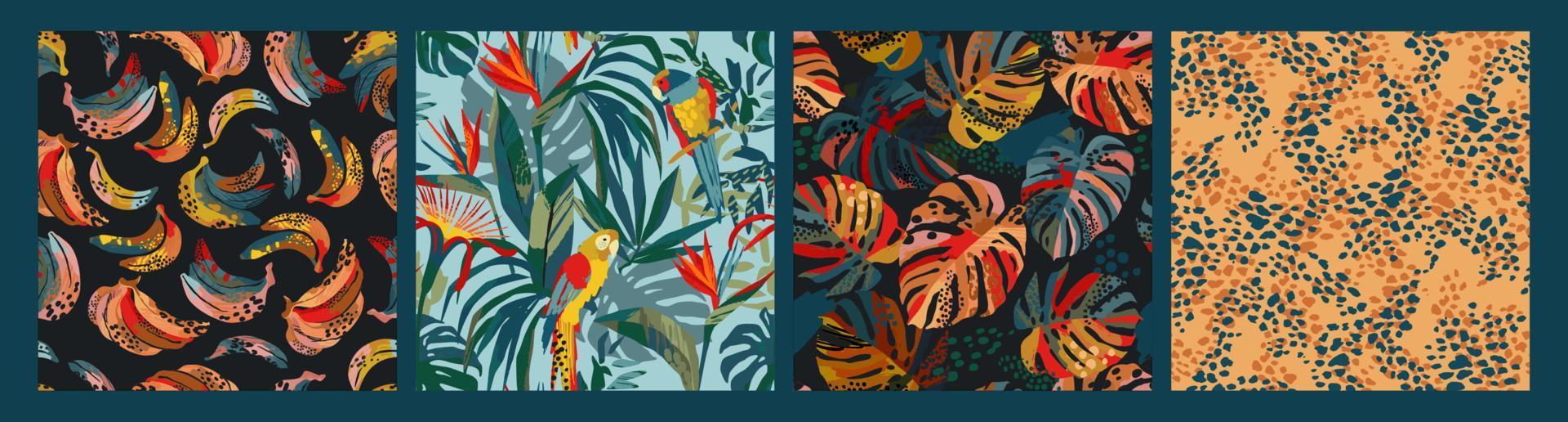Set of abstract tropical seamless patterns. Parrots, bananas, tropical plants. Modern exotic design for paper, cover, fabric, interior decor and other users. vector