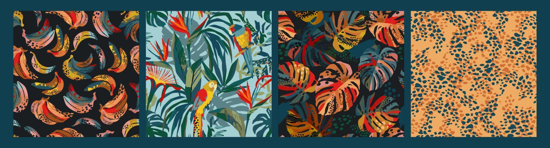 conjunto de patrones sin fisuras tropicales abstractos. loros, plátanos, plantas tropicales. diseño exótico moderno para papel, cubierta, tela, decoración de interiores y otros usuarios. vector