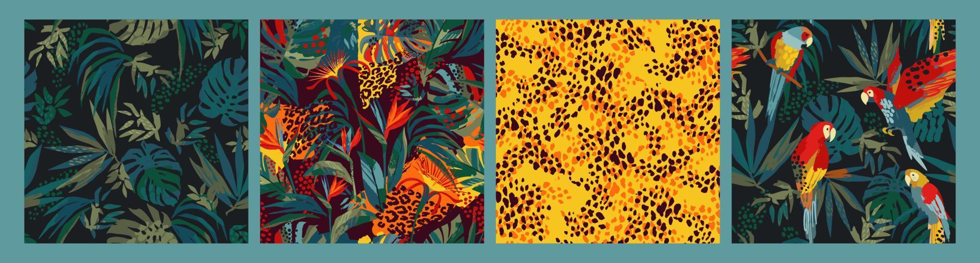 Set of abstract tropical seamless patterns. Parrots, tropical plants, animal print. Modern exotic design for paper, cover, fabric, interior decor and other users. vector