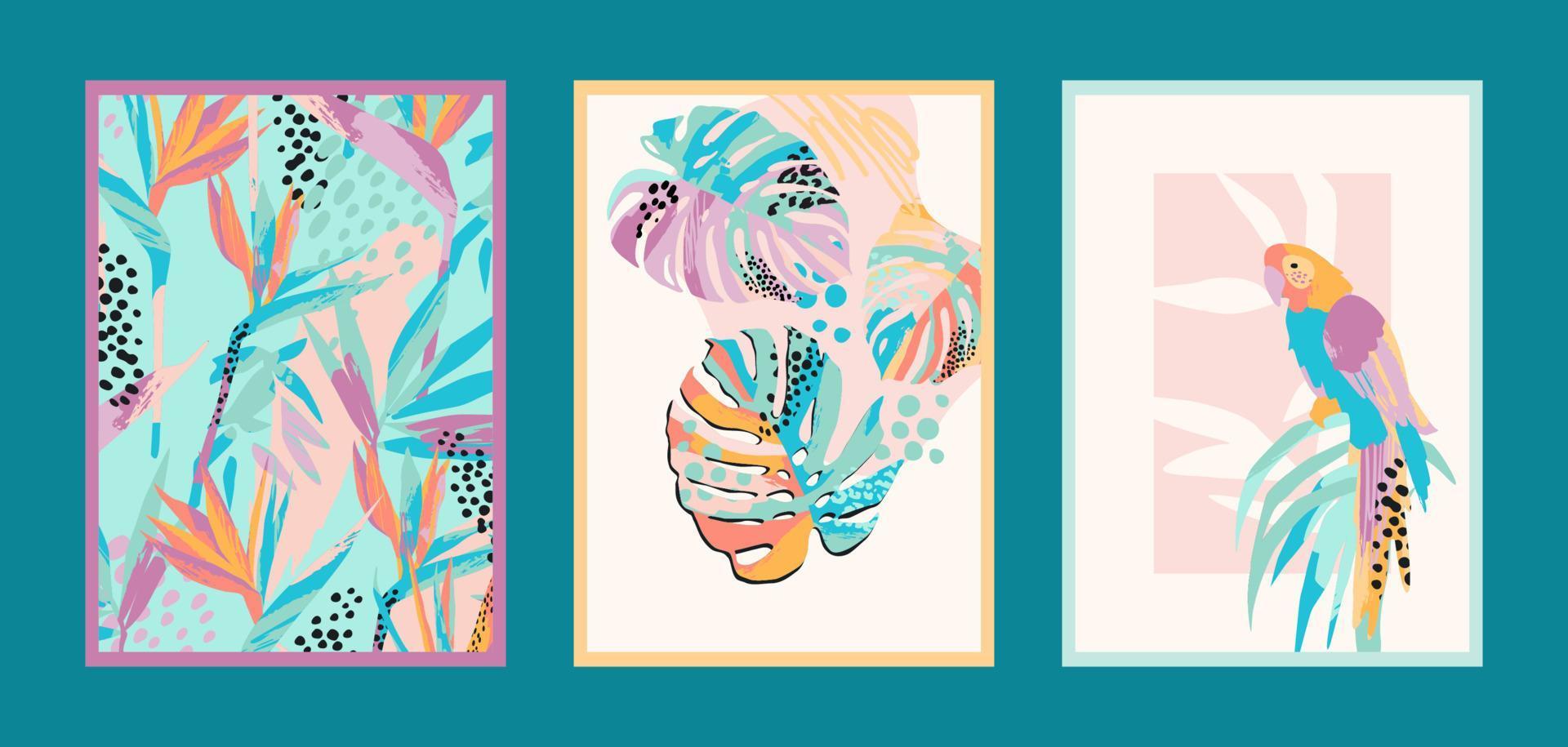 conjunto de impresiones artísticas con naturaleza tropical abstracta. colores frescos y brillantes. diseño vectorial moderno para afiches, tarjetas, empaques de portada y más vector