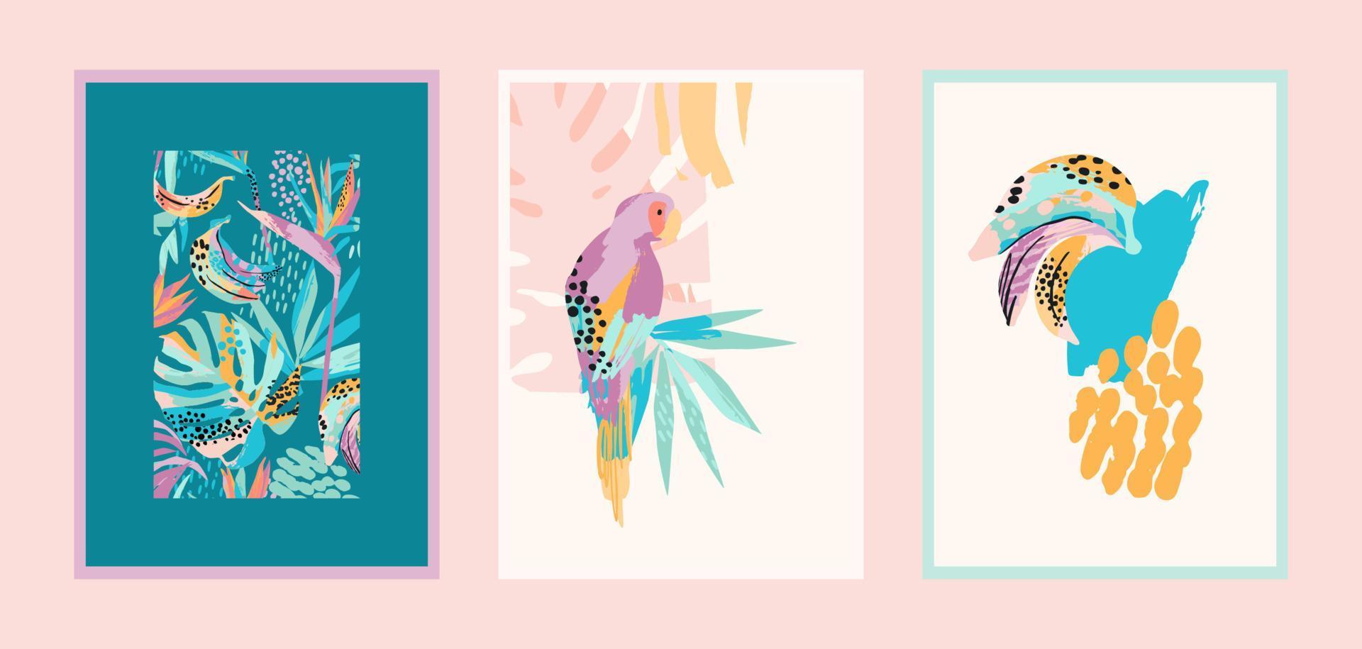 conjunto de impresiones artísticas con naturaleza tropical abstracta. colores frescos y brillantes. diseño vectorial moderno para afiches, tarjetas, empaques de portada y más vector