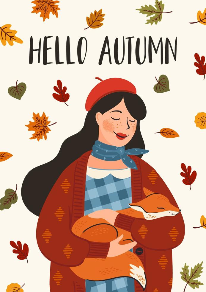 Autumn illustration. Cute girl with a fox. Vector design for card, poster, flyer, web and other use.
