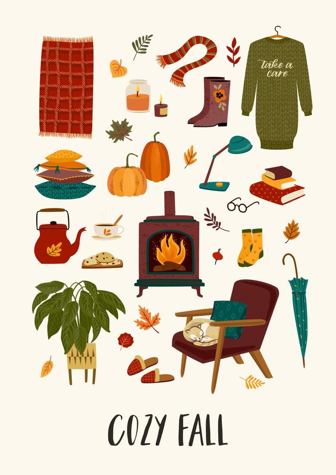 ilustración de otoño con cosas lindas hogareñas. diseño vectorial para tarjetas, afiches, volantes, web y otros usos vector