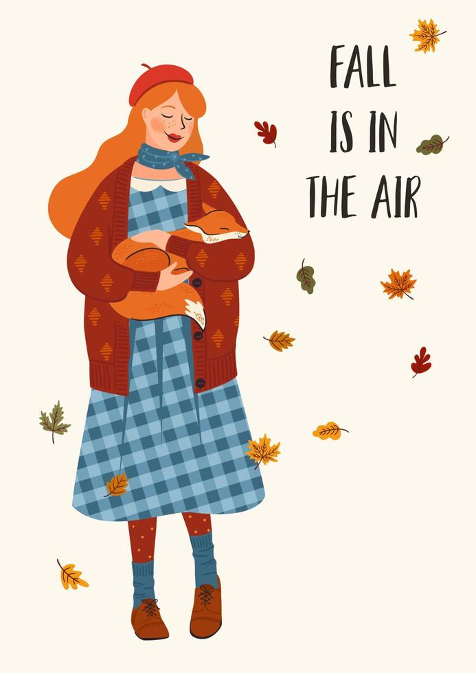 Autumn illustration. Cute girl with a fox. Vector design for card, poster, flyer, web and other use.