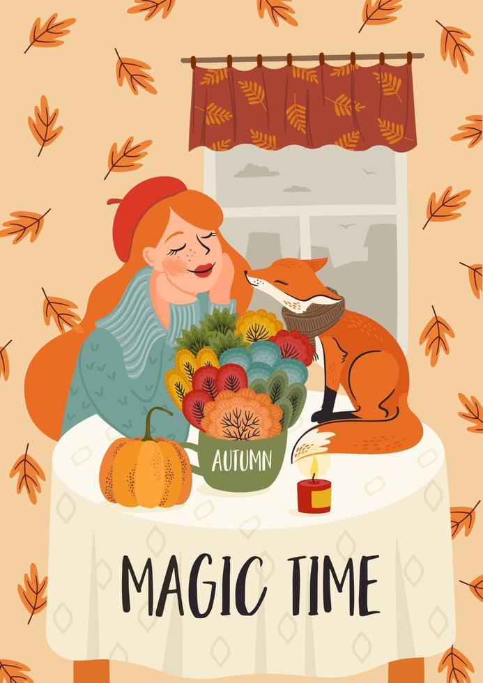 Cute girl with a fox. Autumn fairy tale illustration. Vector design for card, poster, flyer, web and other use.