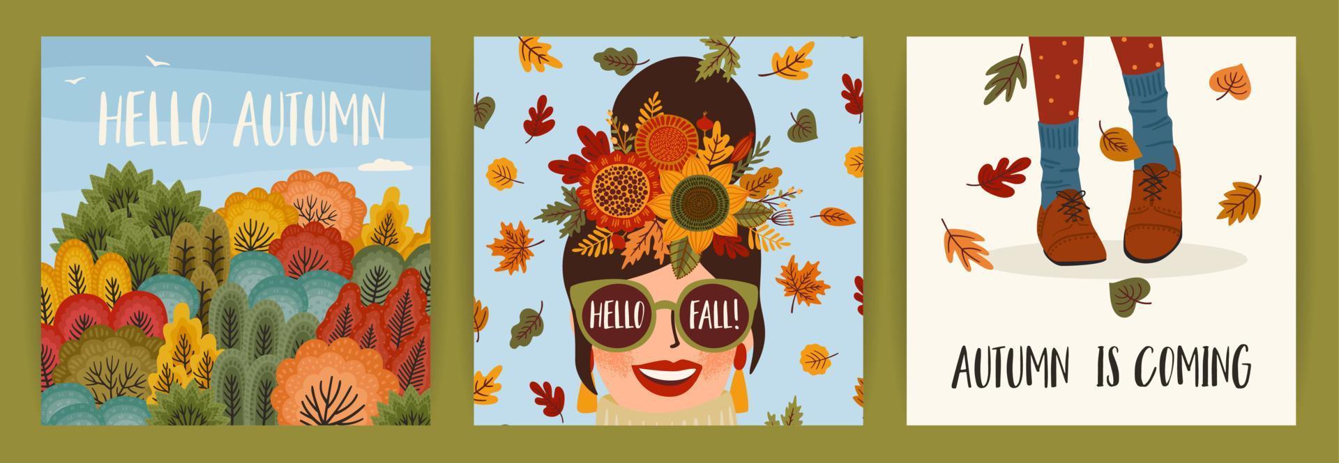 conjunto de ilustraciones de otoño con linda chica. diseño vectorial para tarjetas, afiches, volantes, web y otros usos. vector