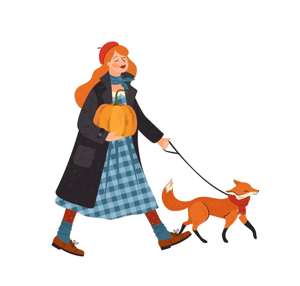 Cute girl with a fox. Autumn fairy tale illustration. Vector design for card, poster, flyer, web and other use.
